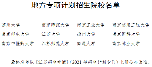 江蘇2021地方專項計劃招生院校名單