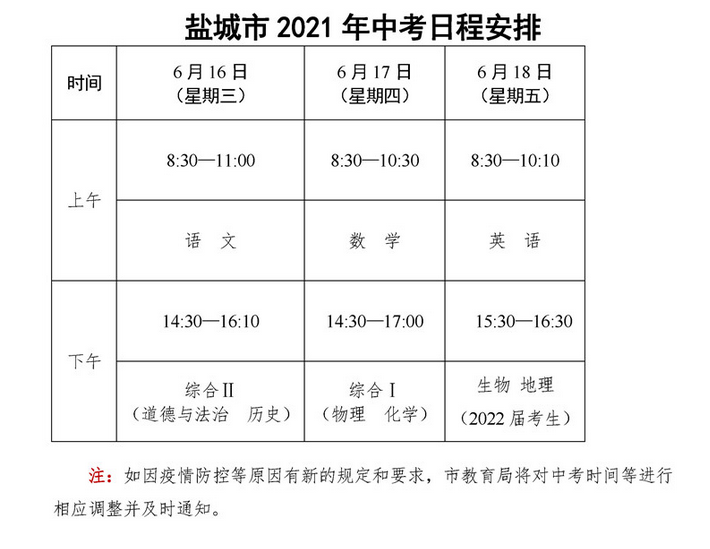 2021年江蘇鹽城中考時間在什么時候