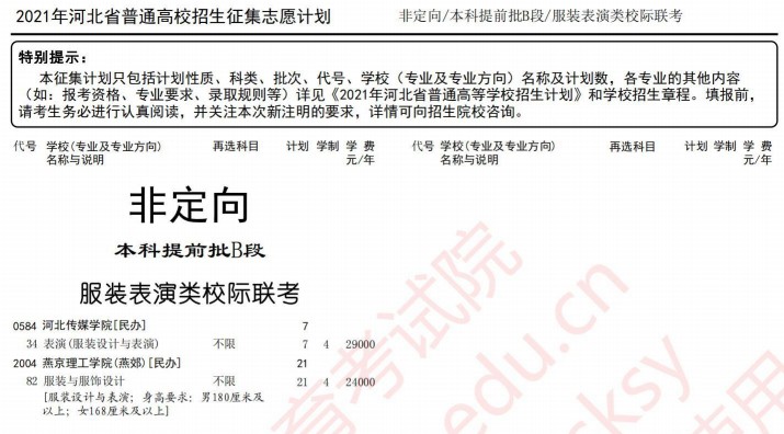 2021河北本科提前批B段征集計(jì)劃（服裝表演類校際聯(lián)考）