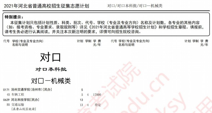 2021河北高考對(duì)口本科批征集計(jì)劃（機(jī)械類(lèi)）