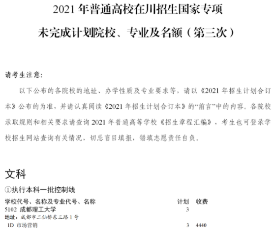 四川2021國(guó)家專項(xiàng)計(jì)劃第三次征集志愿計(jì)劃