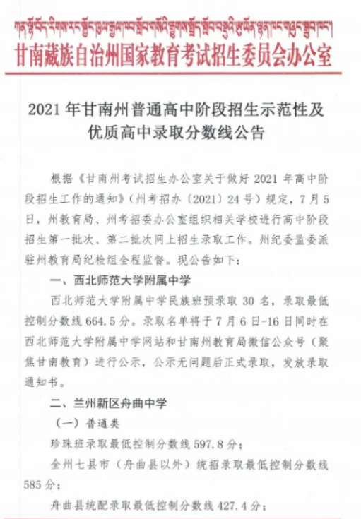 2021甘肅甘南重點(diǎn)高中錄取分?jǐn)?shù)線公布