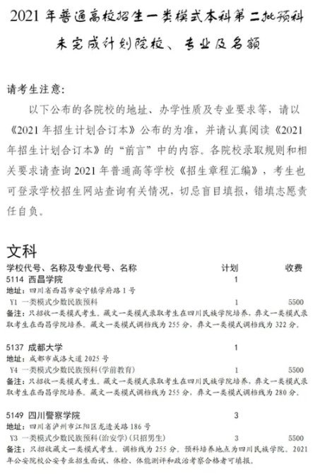 2021四川普通高校一類模式本科第二批預科征集志愿時間及計劃