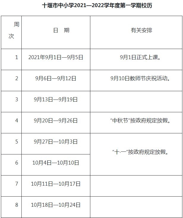 2021-2022十堰中小學校歷 暑假放假時間