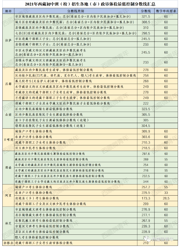 西藏初中班政審體檢最低控制分數線