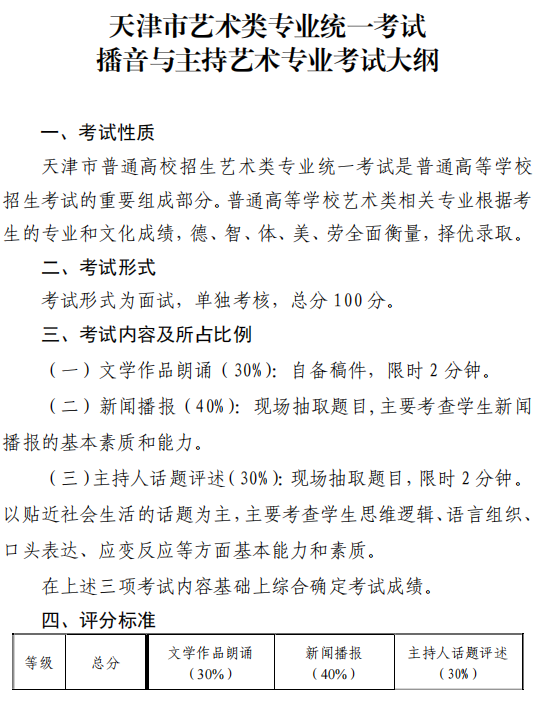 天津市藝術(shù)類(lèi)專(zhuān)業(yè)統(tǒng)一考試播音與主持藝術(shù)專(zhuān)業(yè)考試大綱