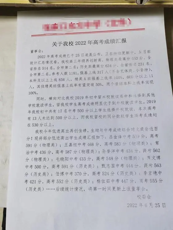 網傳張家口東方中學2022年高考成績